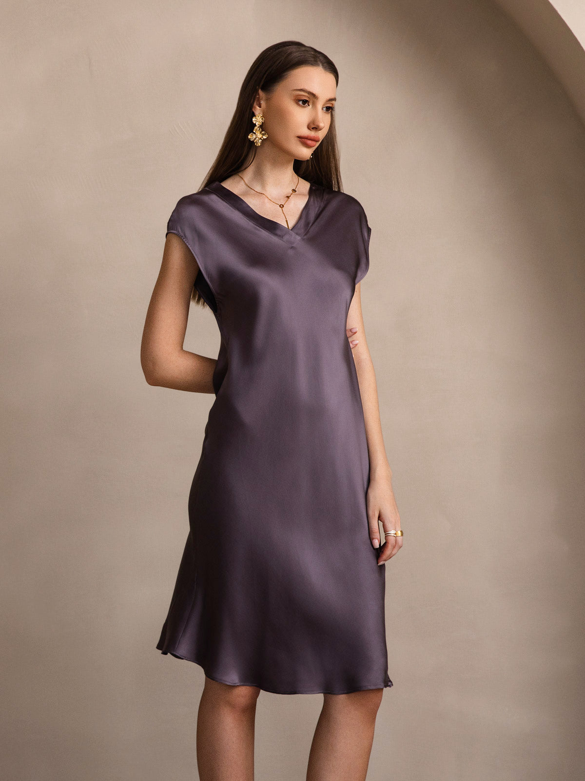 [Purple Gray] SilkSilky Pure Silk Sleeveless V Neck Dress 006