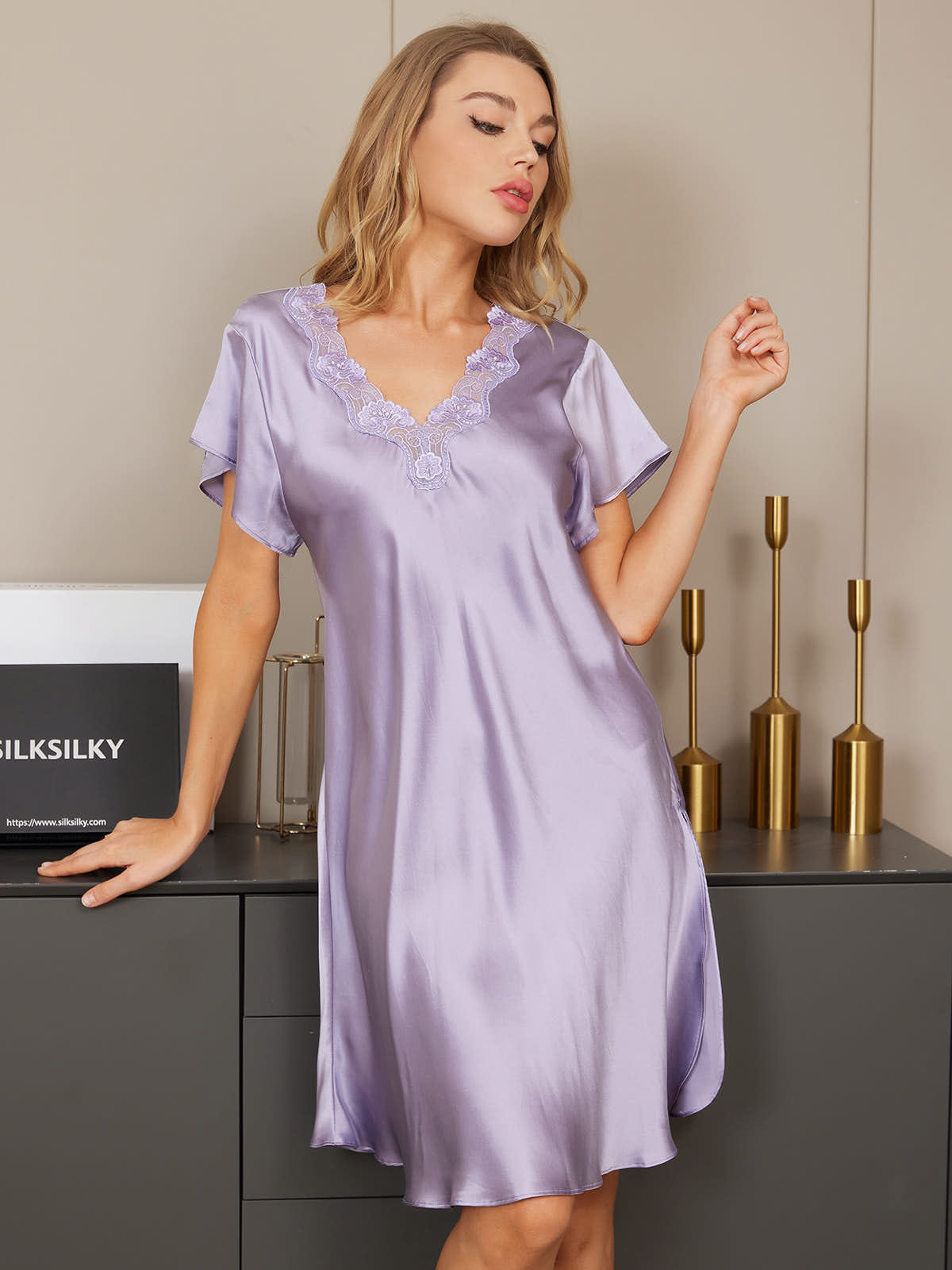 [Purple] SilkSilky Pure Silk Short Sleeve Sweetheart Neck Nightgown 004