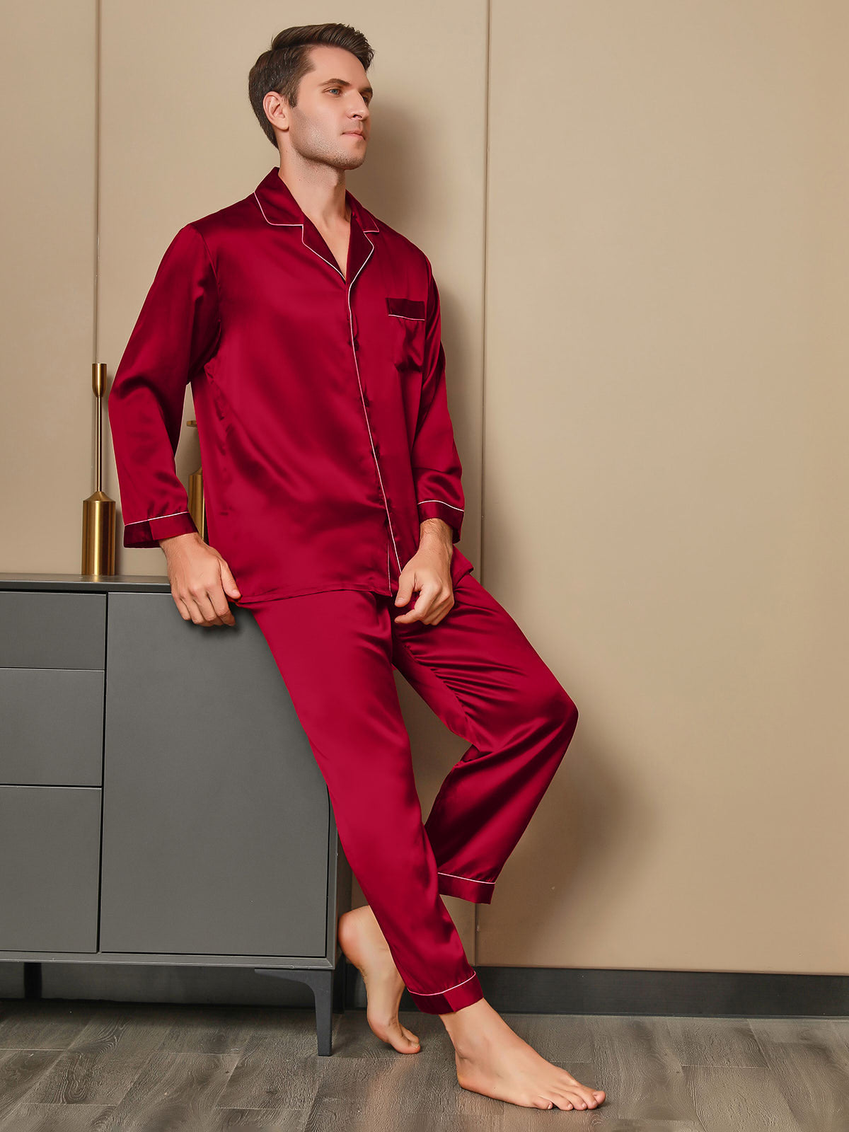 [Red] SilkSilky 19Momme Pure Silk Long Sleeve Lapel Men's Pajamas 001