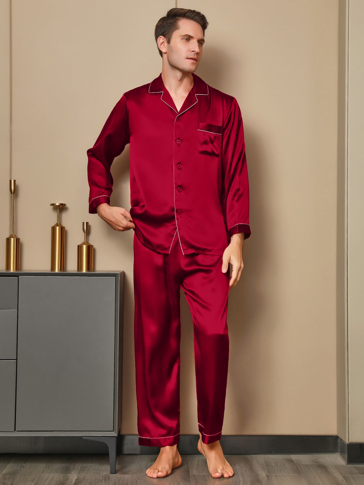 [Red] SilkSilky 19Momme Pure Silk Long Sleeve Lapel Men's Pajamas 003