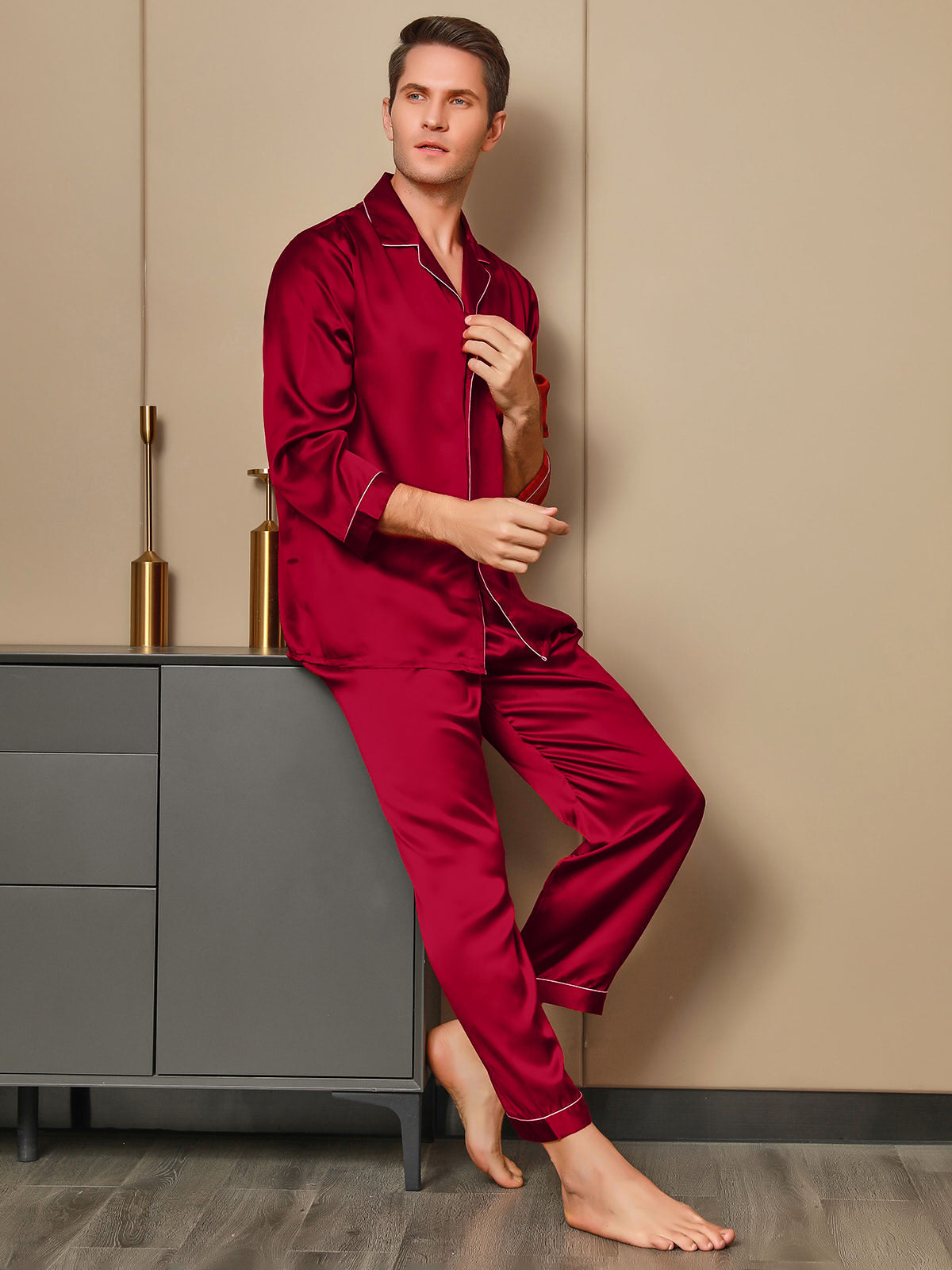 [Red] SilkSilky 19Momme Pure Silk Long Sleeve Lapel Men's Pajamas 004