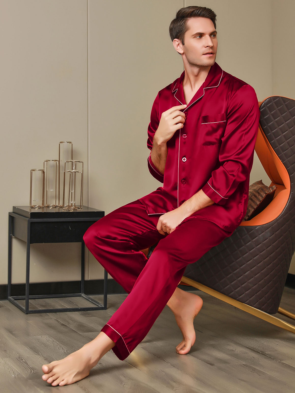 [Red] SilkSilky 19Momme Pure Silk Long Sleeve Lapel Men's Pajamas 006
