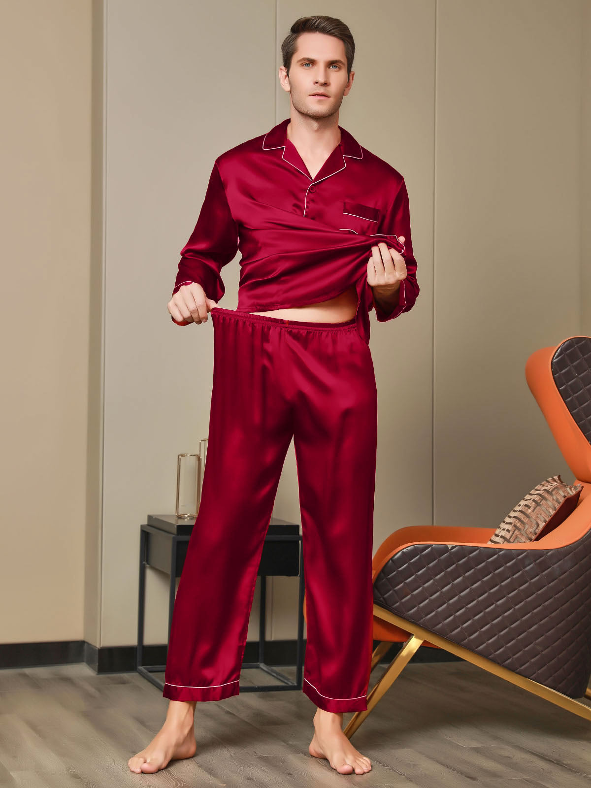 [Red] SilkSilky 19Momme Pure Silk Long Sleeve Lapel Men's Pajamas 007