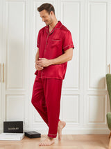 [Red] SilkSilky  19Momme Short Sleeve Men's Pajamas 004