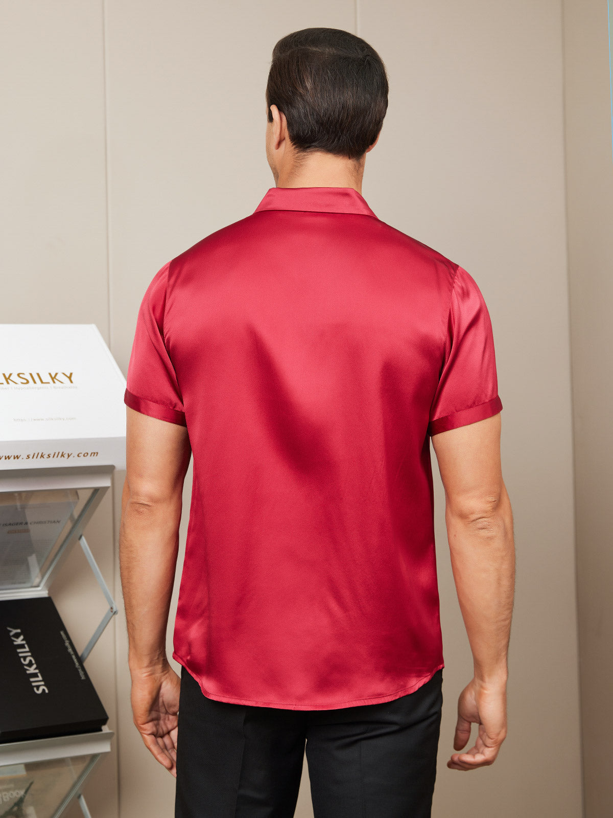 [Red] SilkSilky Silk Short Sleeve Collar Men's Shirt 002
