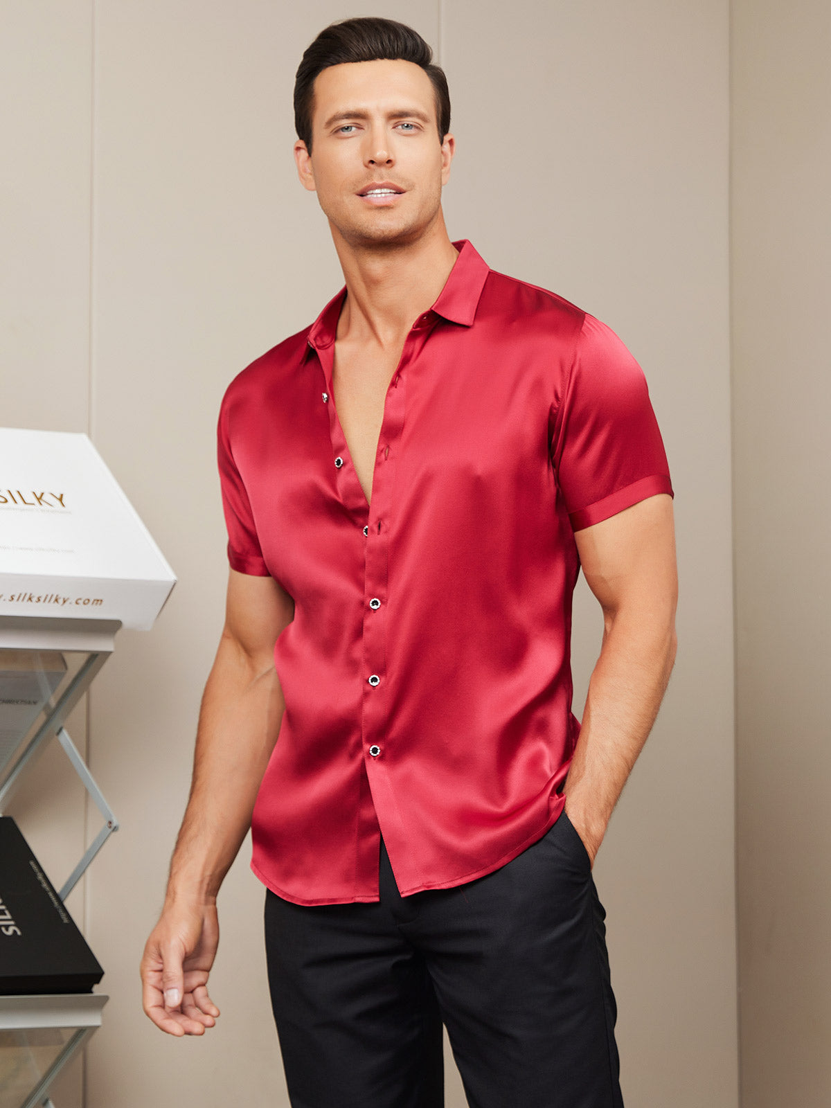 [Red] SilkSilky Silk Short Sleeve Collar Men's Shirt 004
