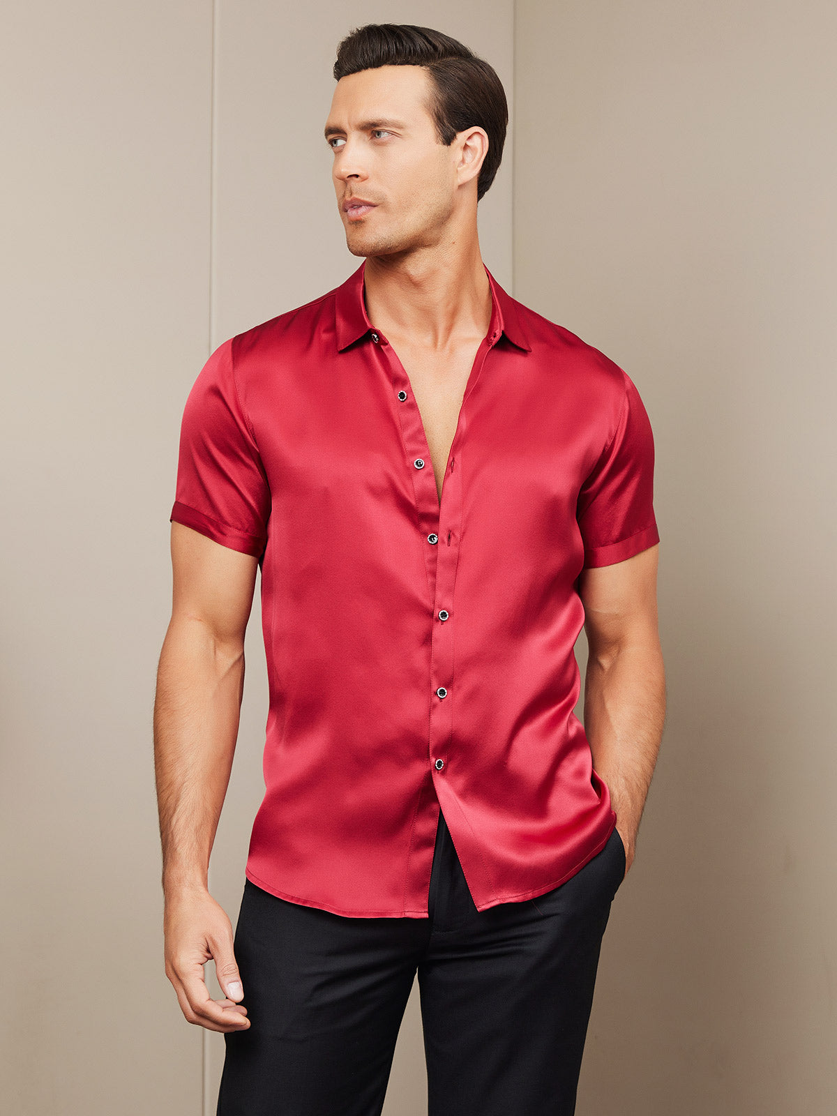 [Red] SilkSilky Silk Short Sleeve Collar Men's Shirt 005