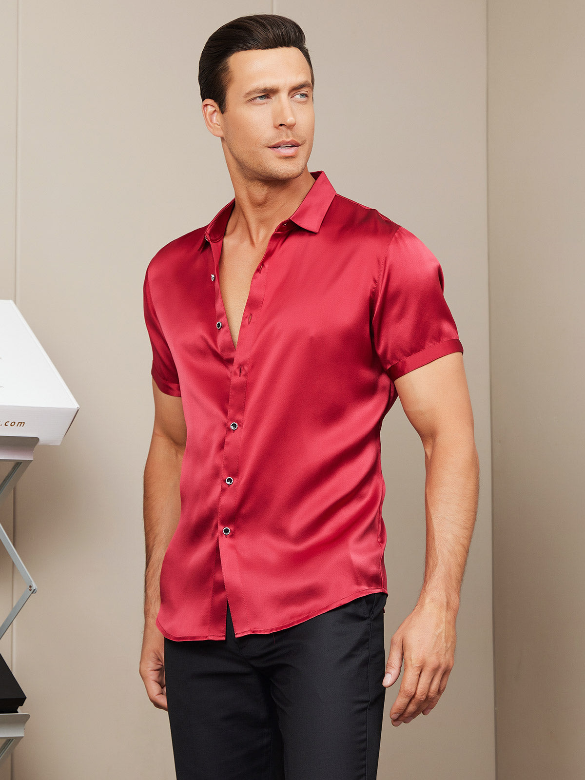 [Red] SilkSilky Silk Short Sleeve Collar Men's Shirt 006