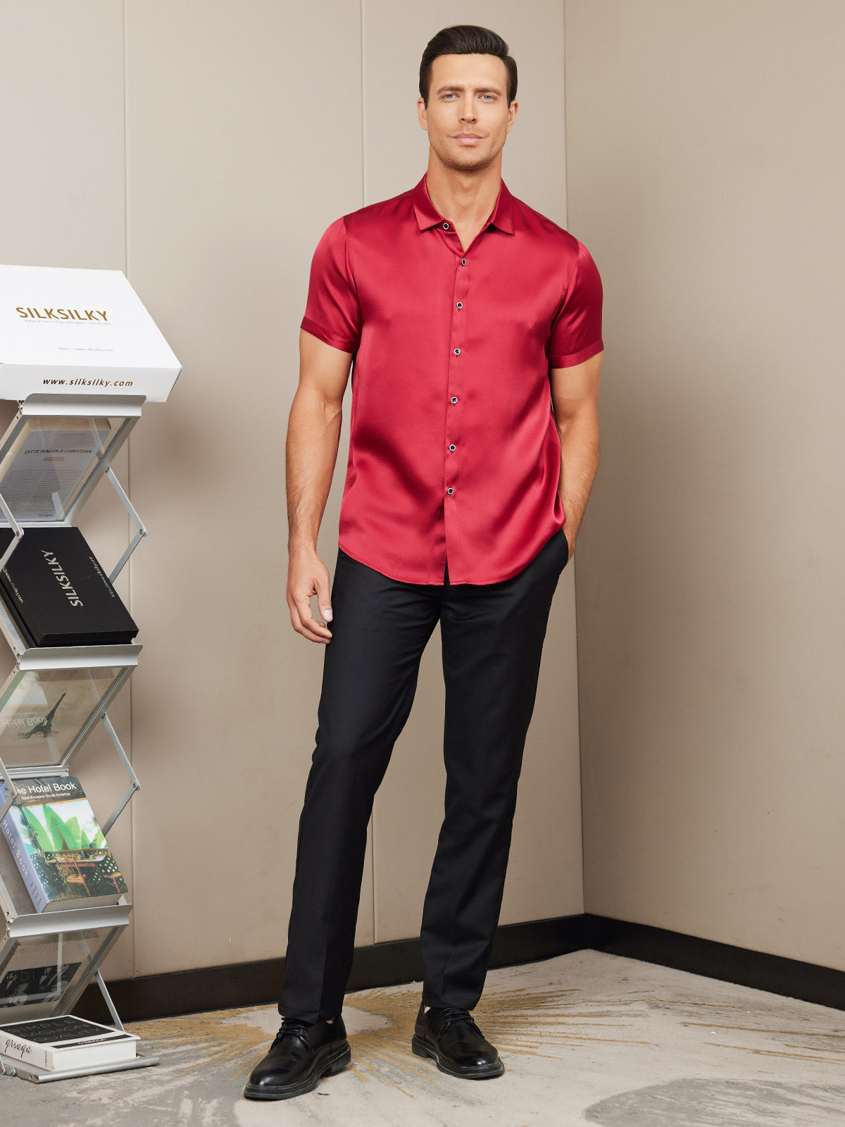 [Red] SilkSilky Silk Short Sleeve Collar Men's Shirt 007