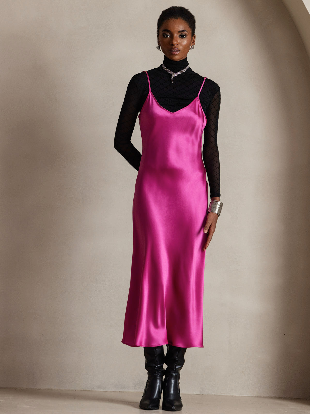 [Rose Red] SilkSilky  Pure Silk Round Neck Dress 001