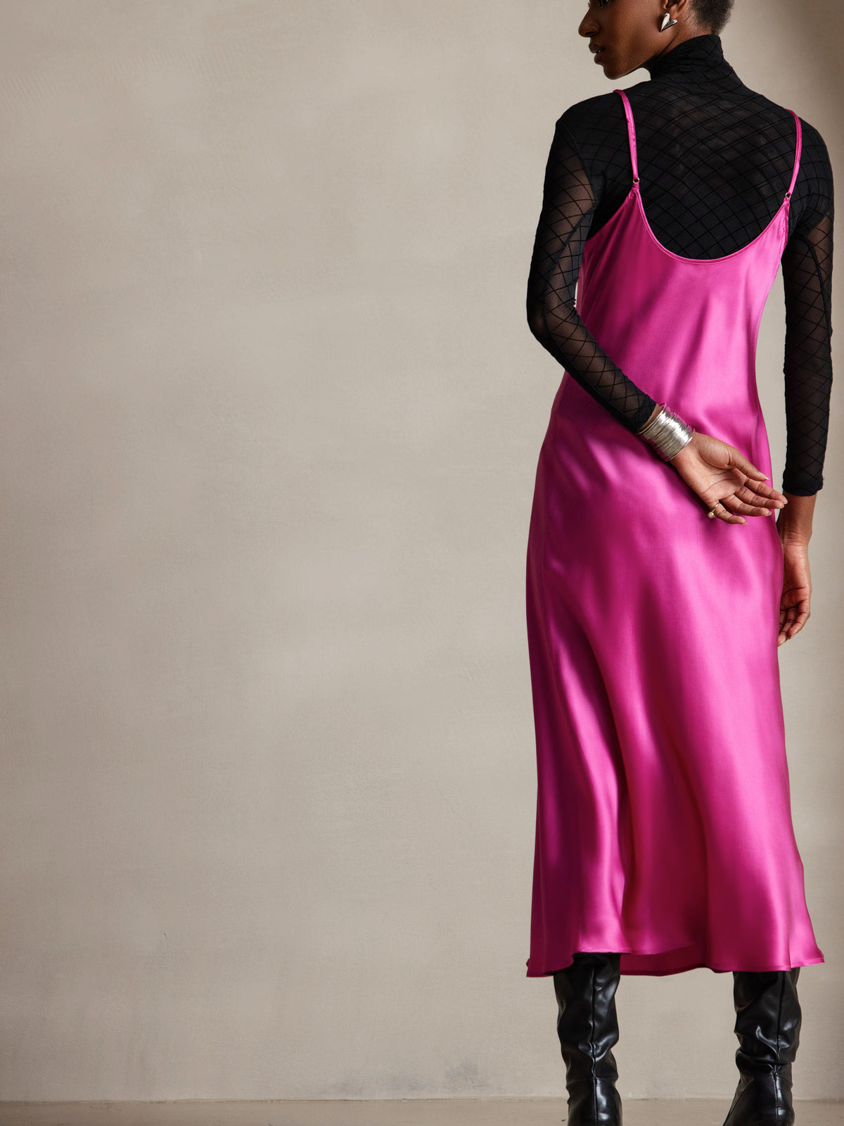 [Rose Red] SilkSilky  Pure Silk Round Neck Dress 002
