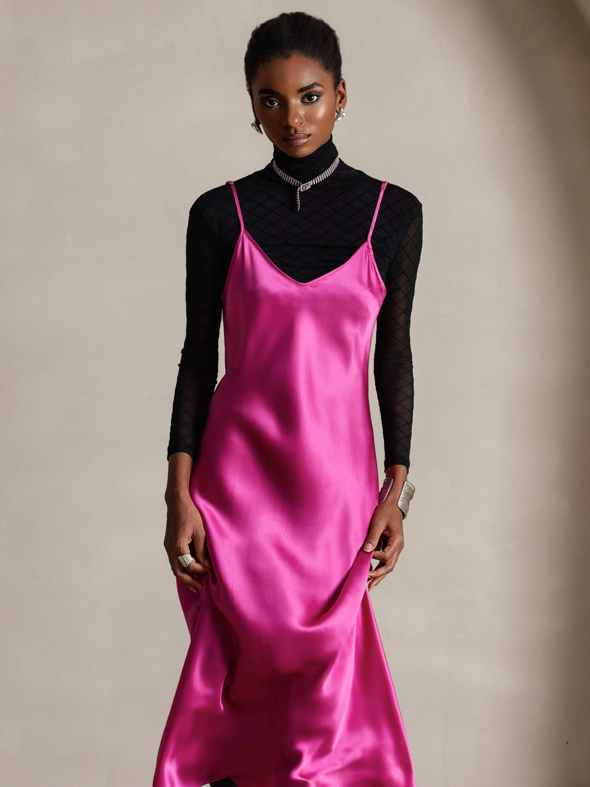 [Rose Red] SilkSilky  Pure Silk Round Neck Dress 003