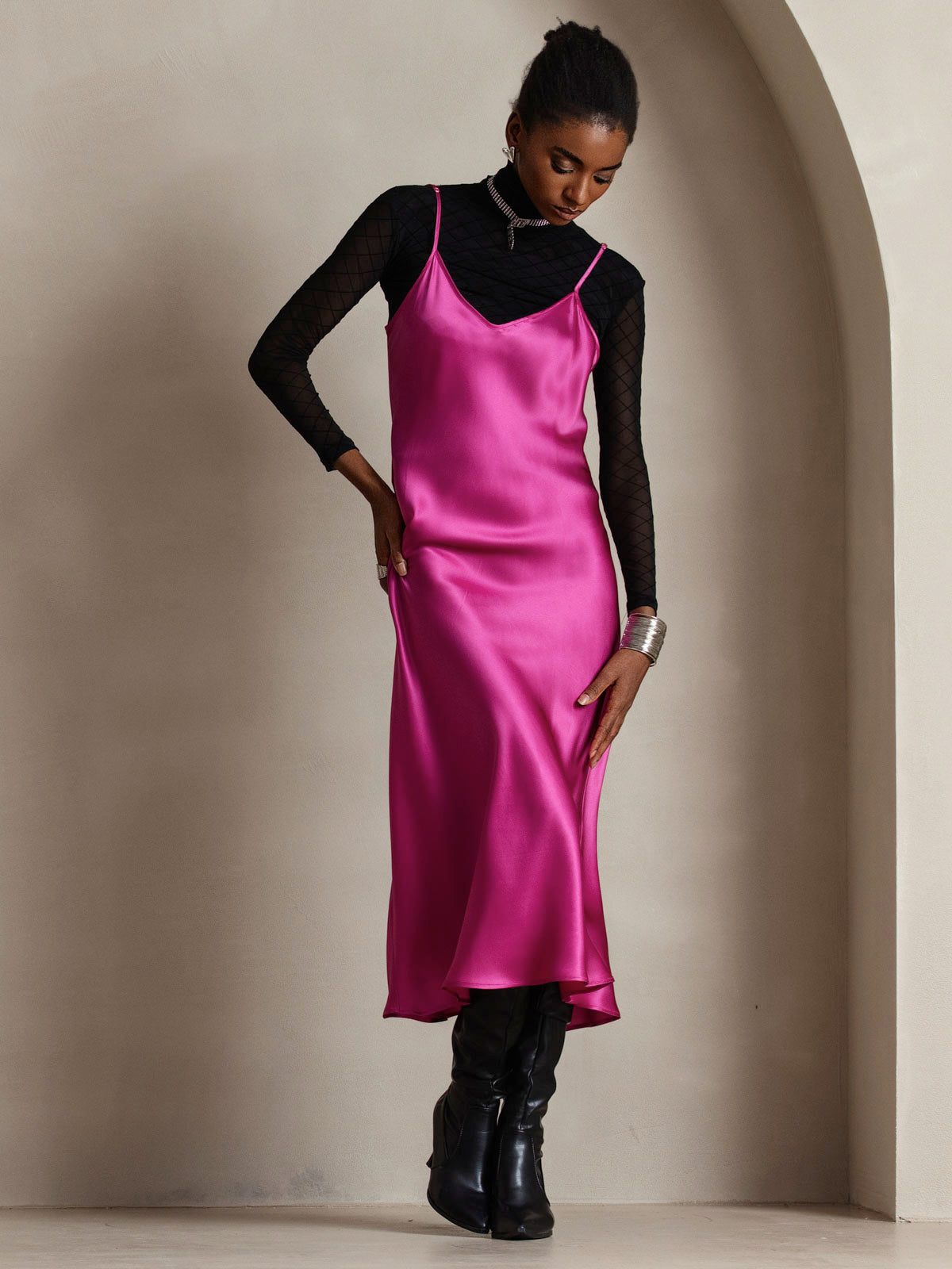 [Rose Red] SilkSilky  Pure Silk Round Neck Dress 004