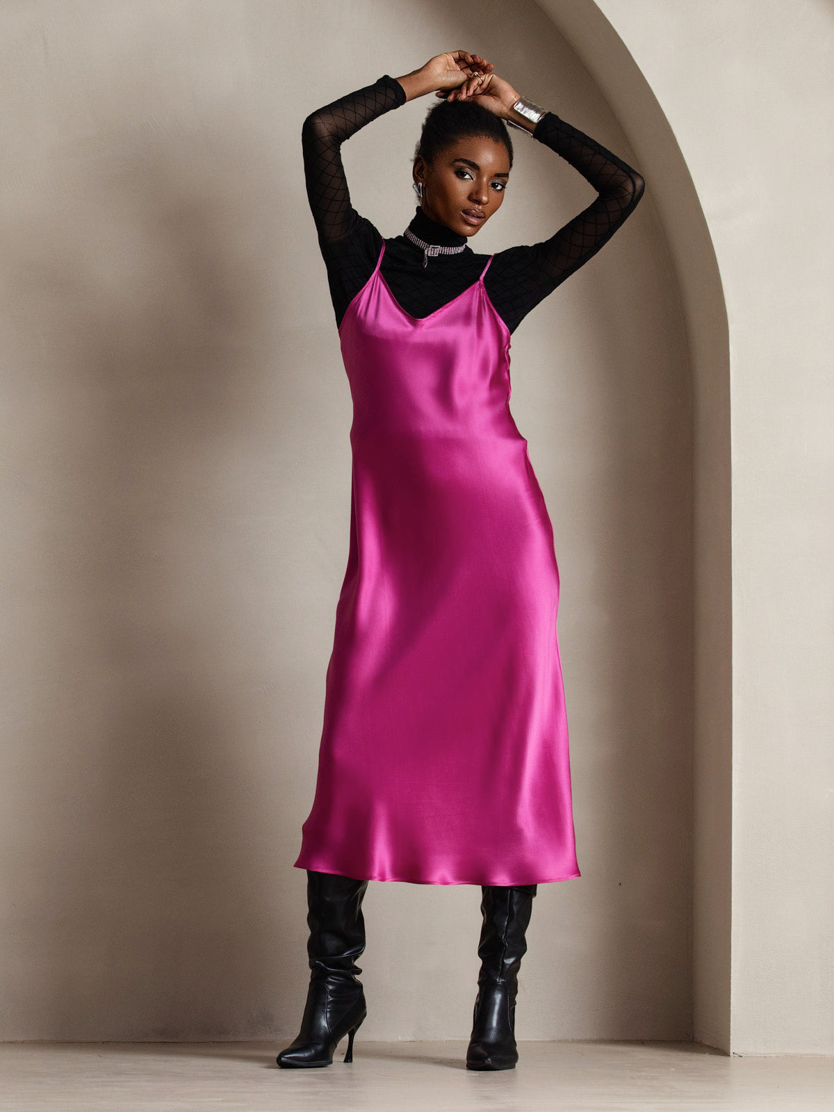 [Rose Red] SilkSilky  Pure Silk Round Neck Dress 005