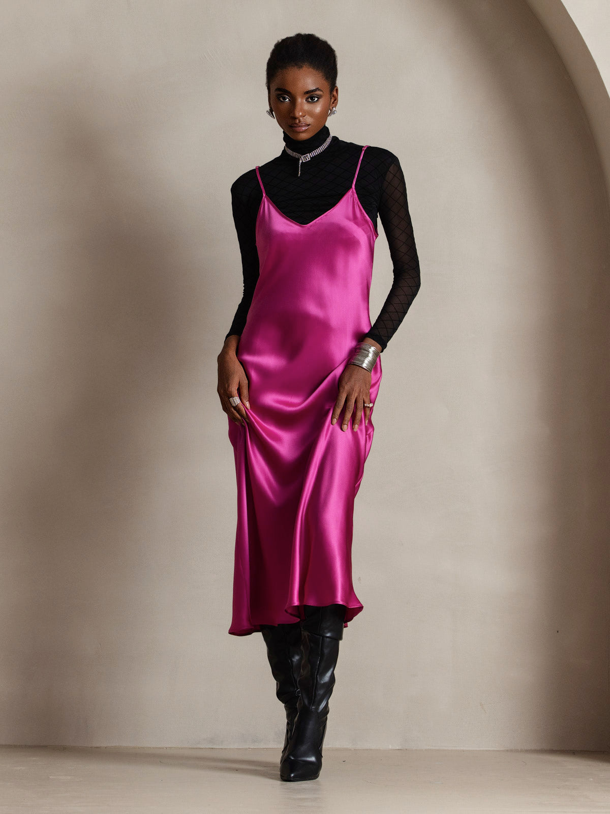 [Rose Red] SilkSilky  Pure Silk Round Neck Dress 006