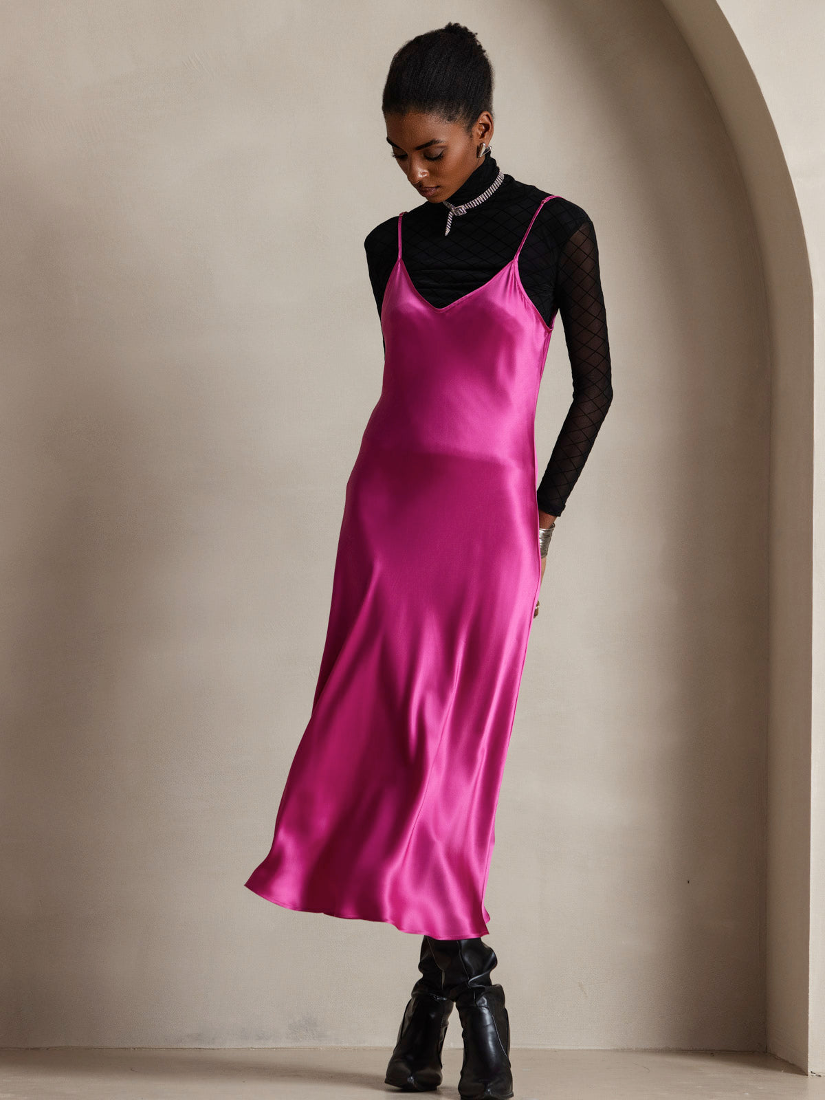 [Rose Red] SilkSilky  Pure Silk Round Neck Dress 007
