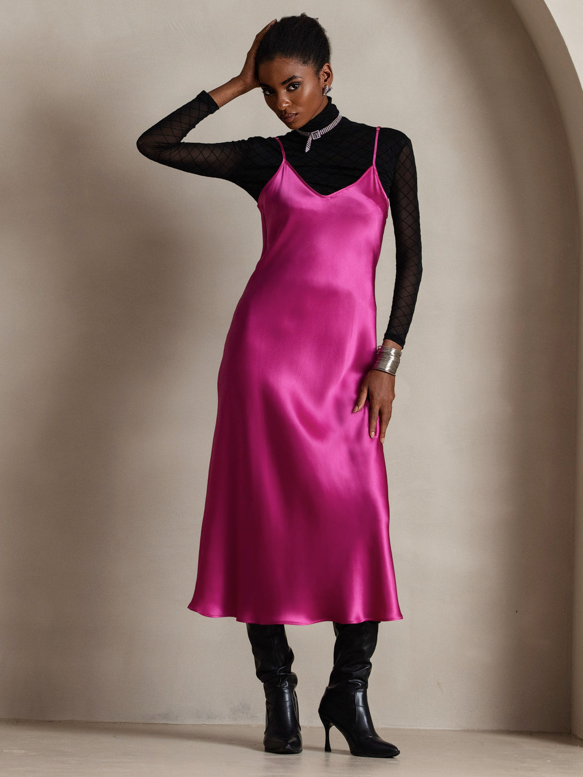 [Rose Red] SilkSilky Pure Silk Sleeveless Round Neck Dress 001