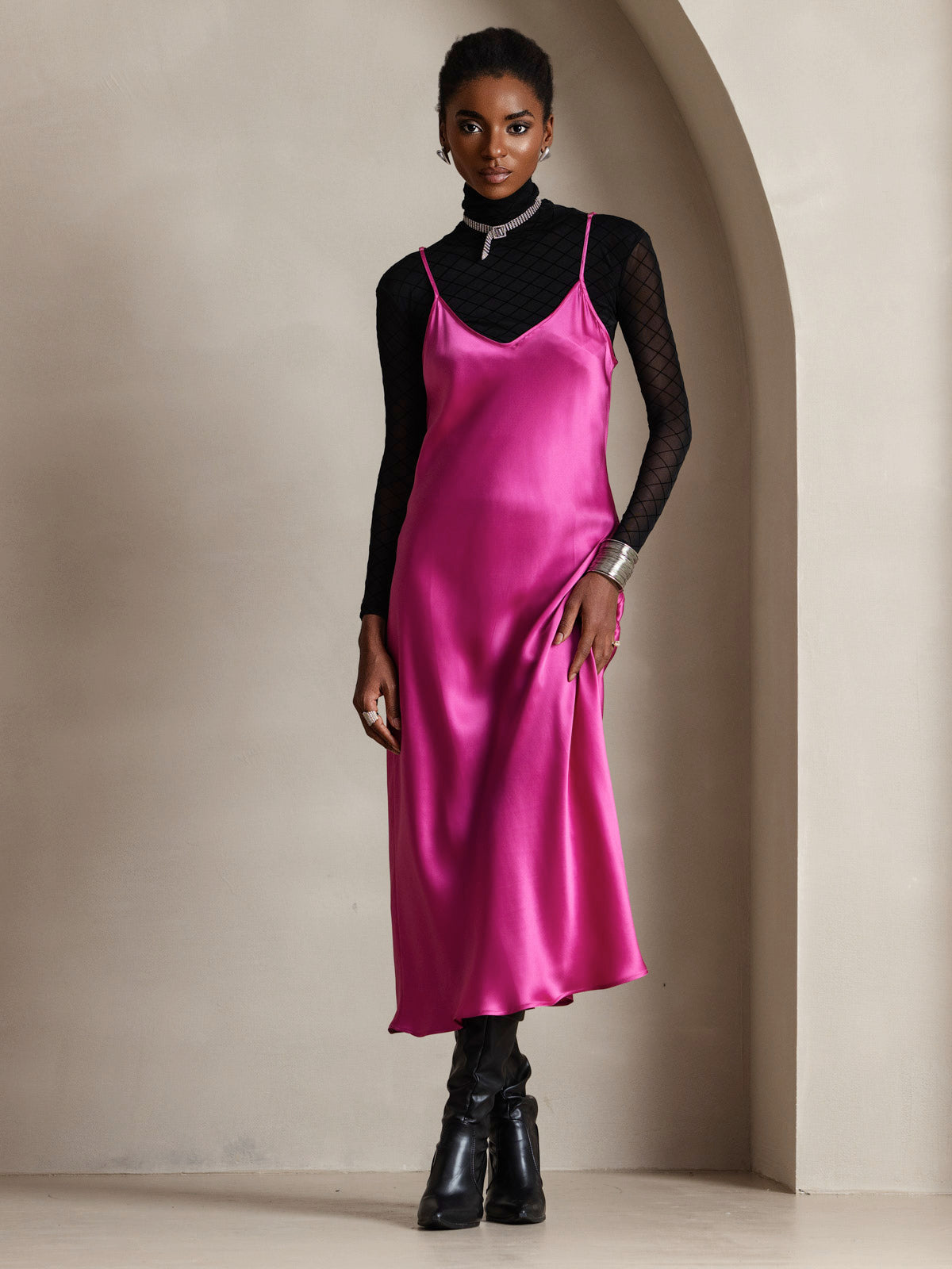 [Rose Red] SilkSilky Pure Silk Sleeveless Round Neck Dress 004
