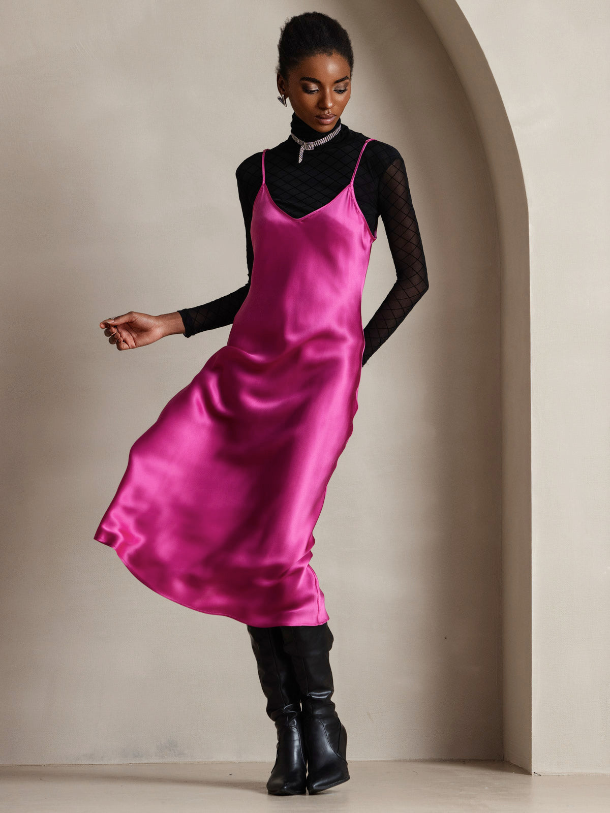 [Rose Red] SilkSilky Pure Silk Sleeveless Round Neck Dress 005