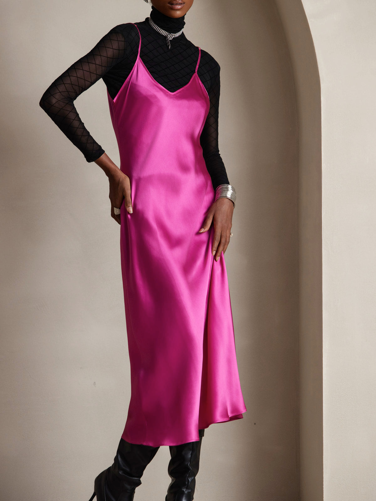 [Rose Red] SilkSilky Pure Silk Sleeveless Round Neck Dress 006