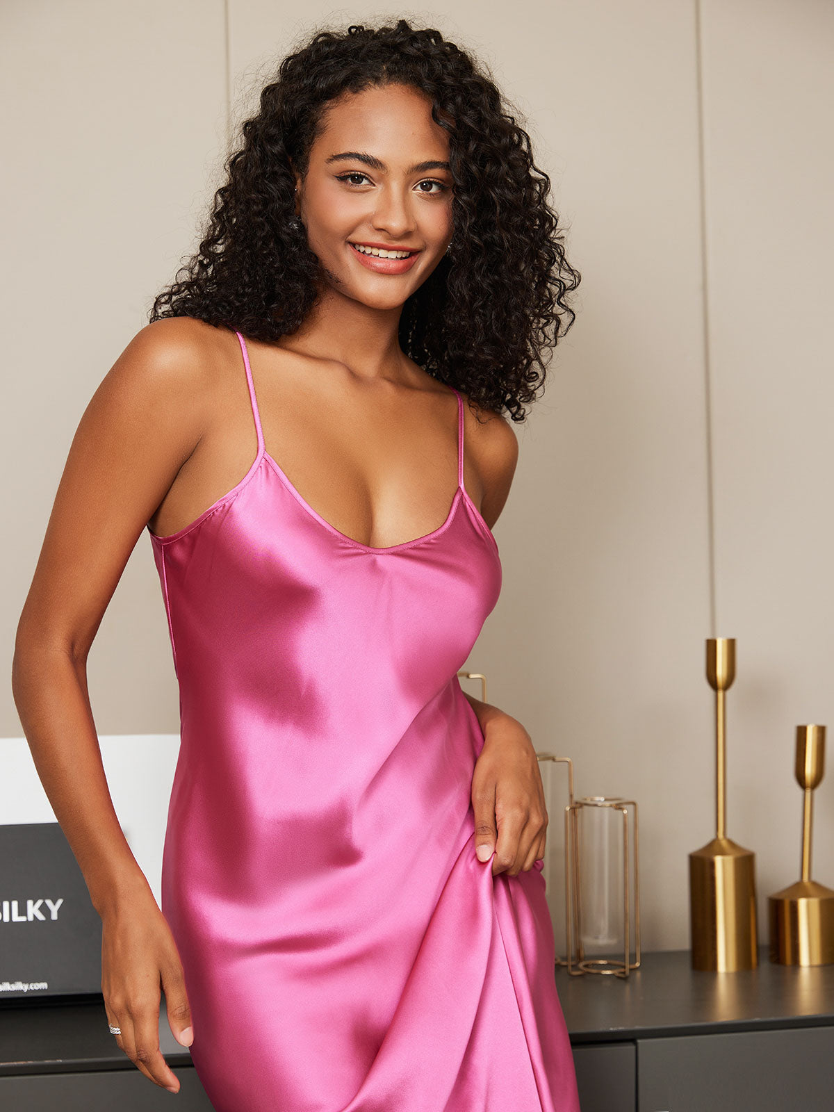 [Rose Red] SilkSilky Pure Silk Sleeveless Round Neck Nightgown 005