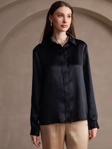 [Black] SilkSilky  19Momme Stretch Silk Charmeuse Long Sleeve Lapel Collar Women's Shirt 001