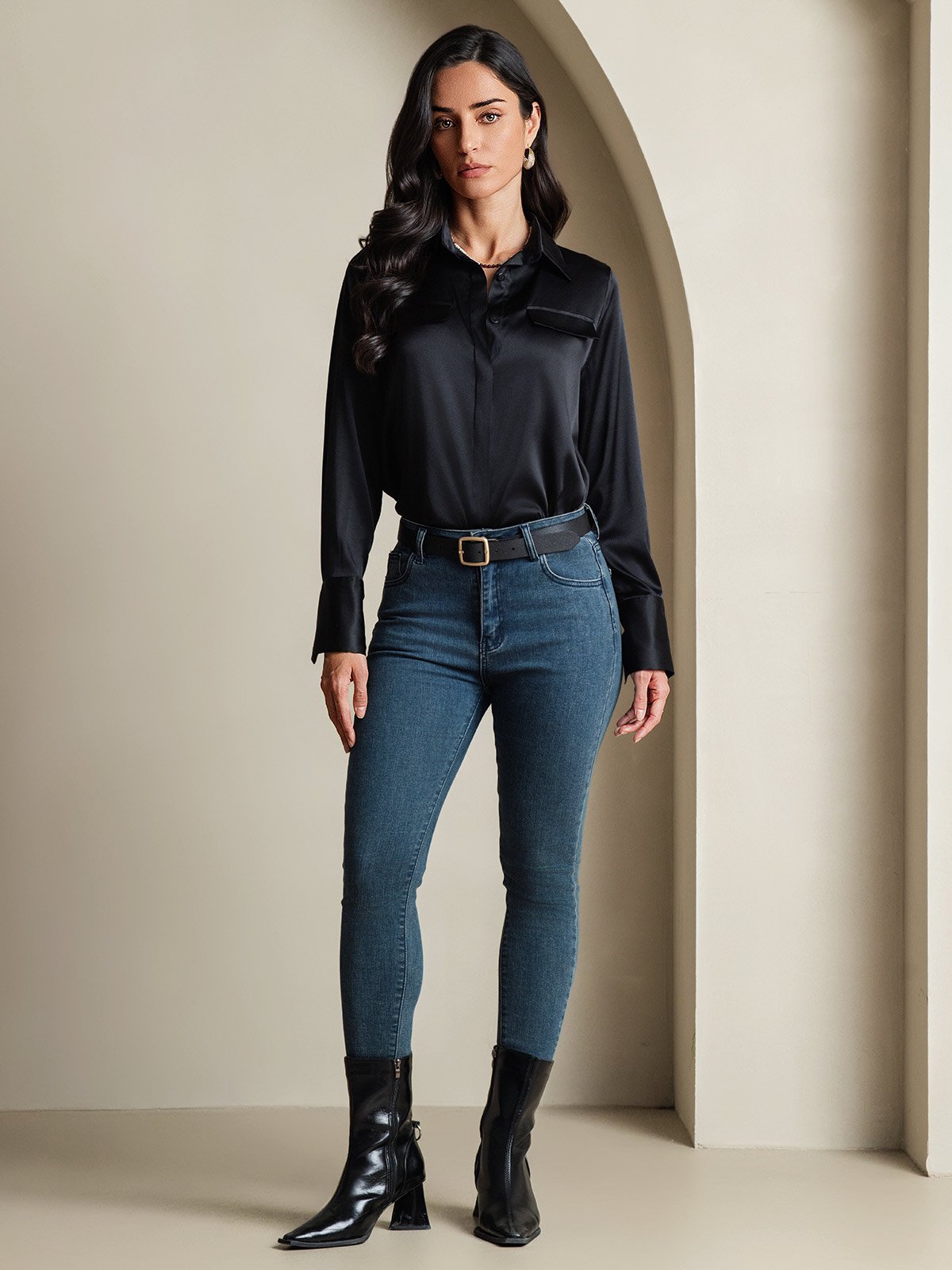 SilkSilky 19Momme Silk Long Sleeve Collar Women's Shirt Black 001