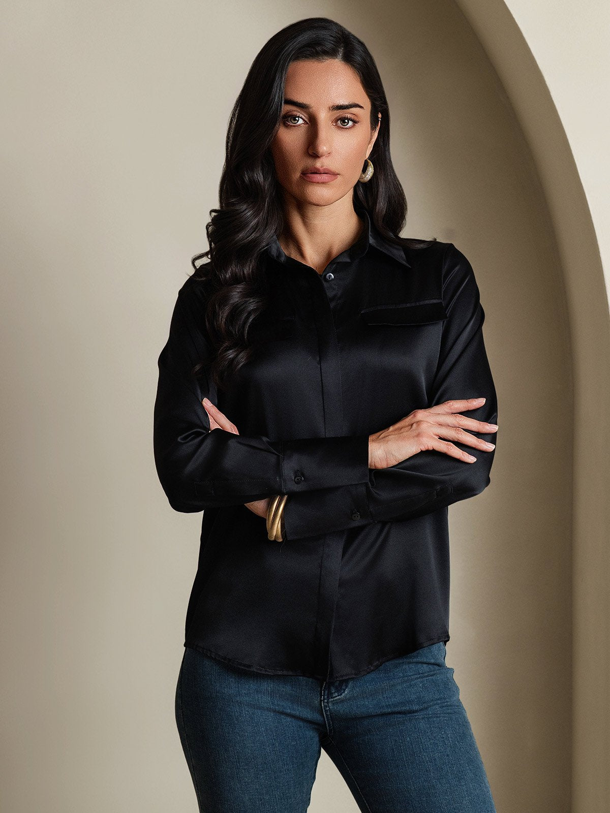 SilkSilky 19Momme Silk Long Sleeve Collar Women's Shirt Black 003