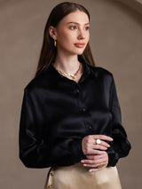 [Black] SilkSilky  19Momme Stretch Silk Charmeuse Long Sleeve Lapel Collar Women's Shirt 004