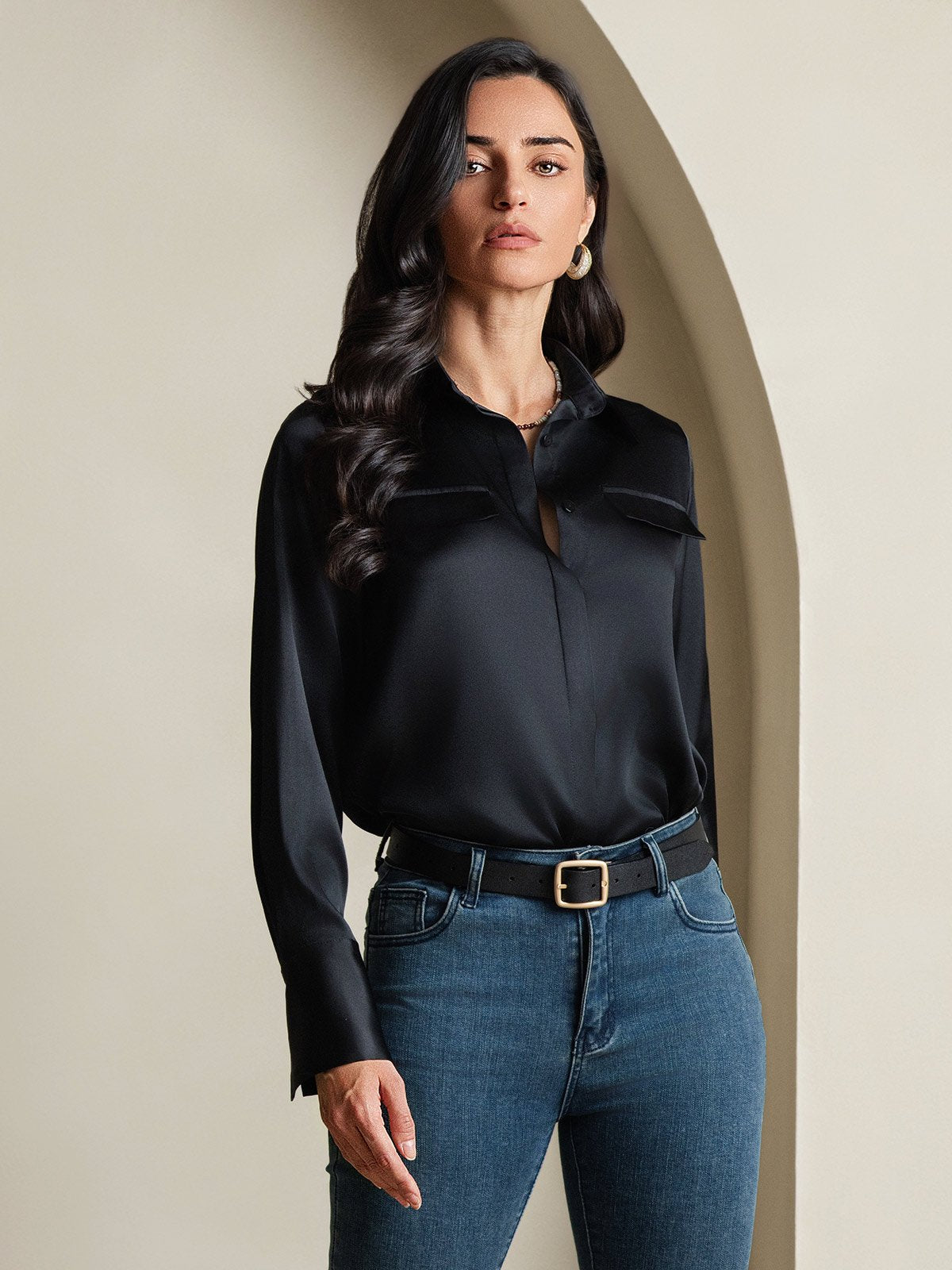 SilkSilky 19Momme Silk Long Sleeve Collar Women's Shirt Black 004