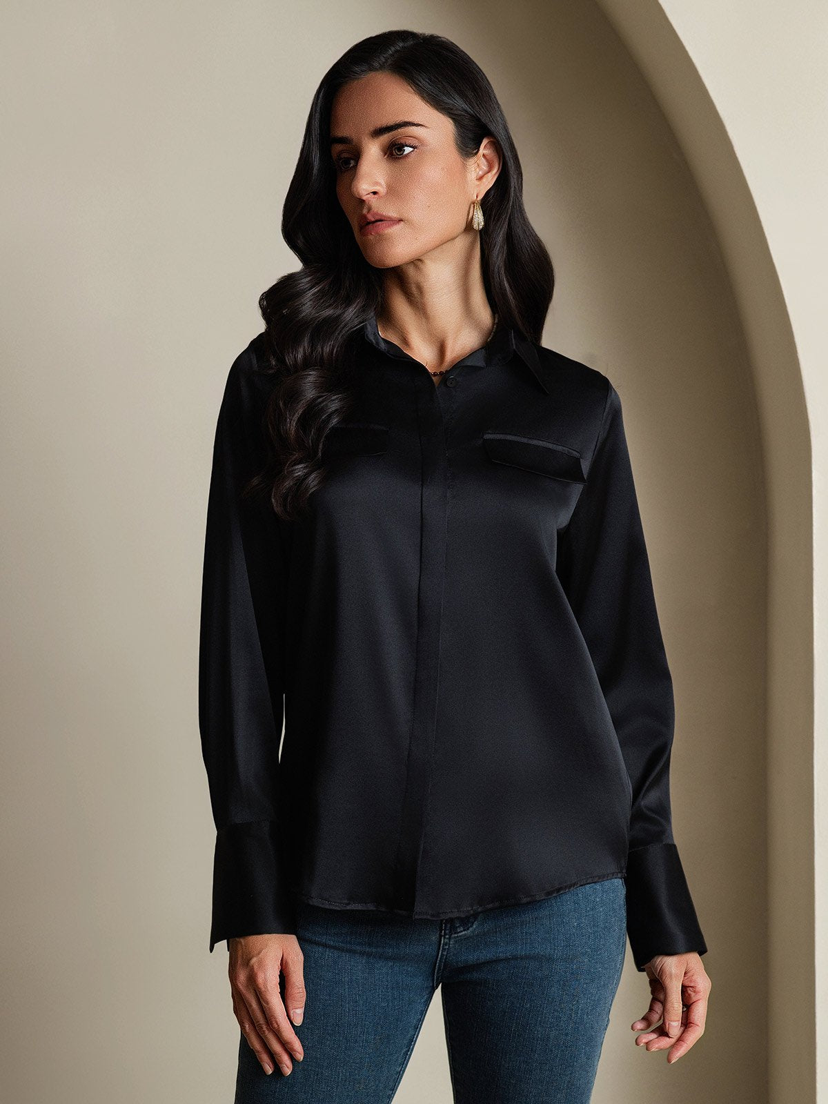 SilkSilky 19Momme Silk Long Sleeve Collar Women's Shirt Black 005