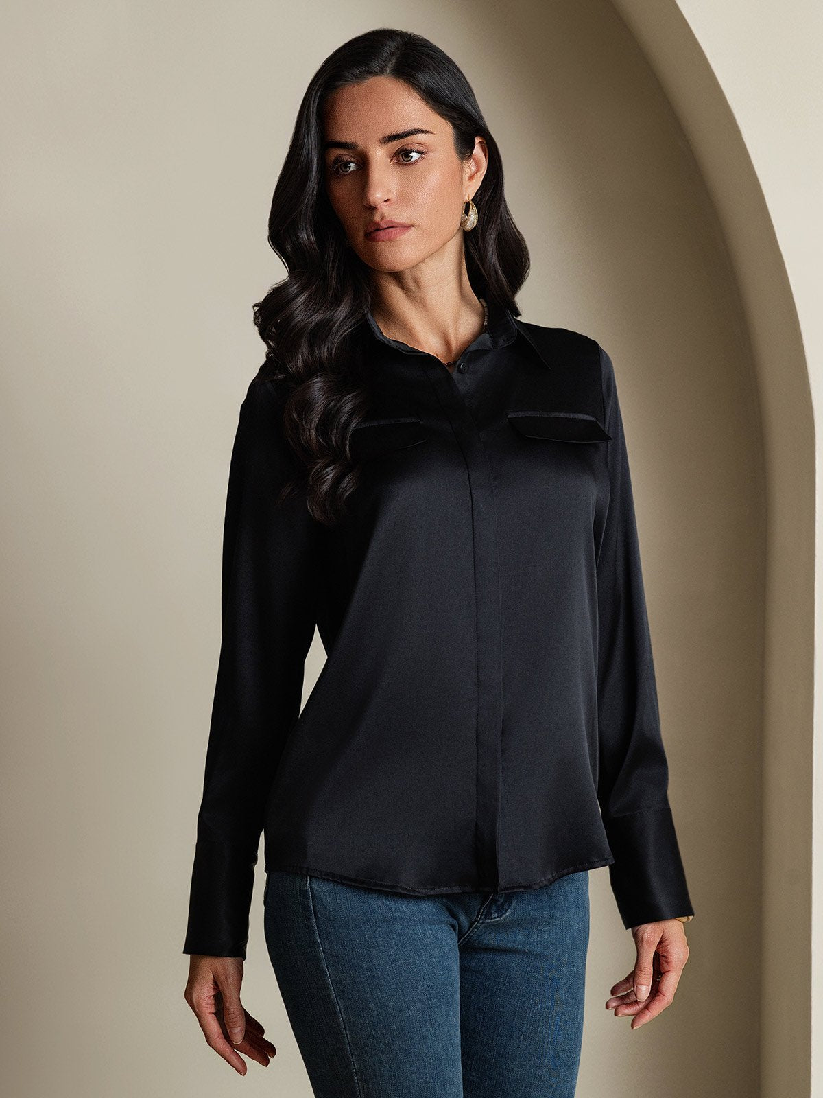 SilkSilky 19Momme Silk Long Sleeve Collar Women's Shirt Black 006
