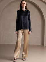 [Black] SilkSilky  19Momme Stretch Silk Charmeuse Long Sleeve Lapel Collar Women's Shirt 007