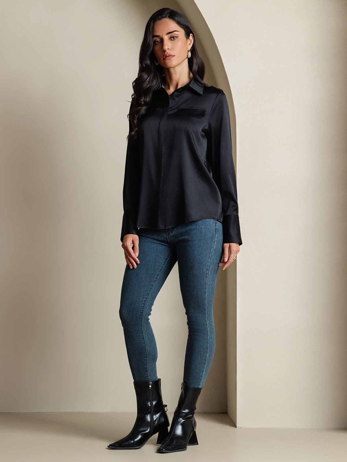 SilkSilky 19Momme Silk Long Sleeve Collar Women's Shirt Black 008