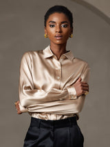 [Champagne] SilkSilky  19Momme Stretch Silk Charmeuse Long Sleeve Lapel Collar Women's Shirt 001