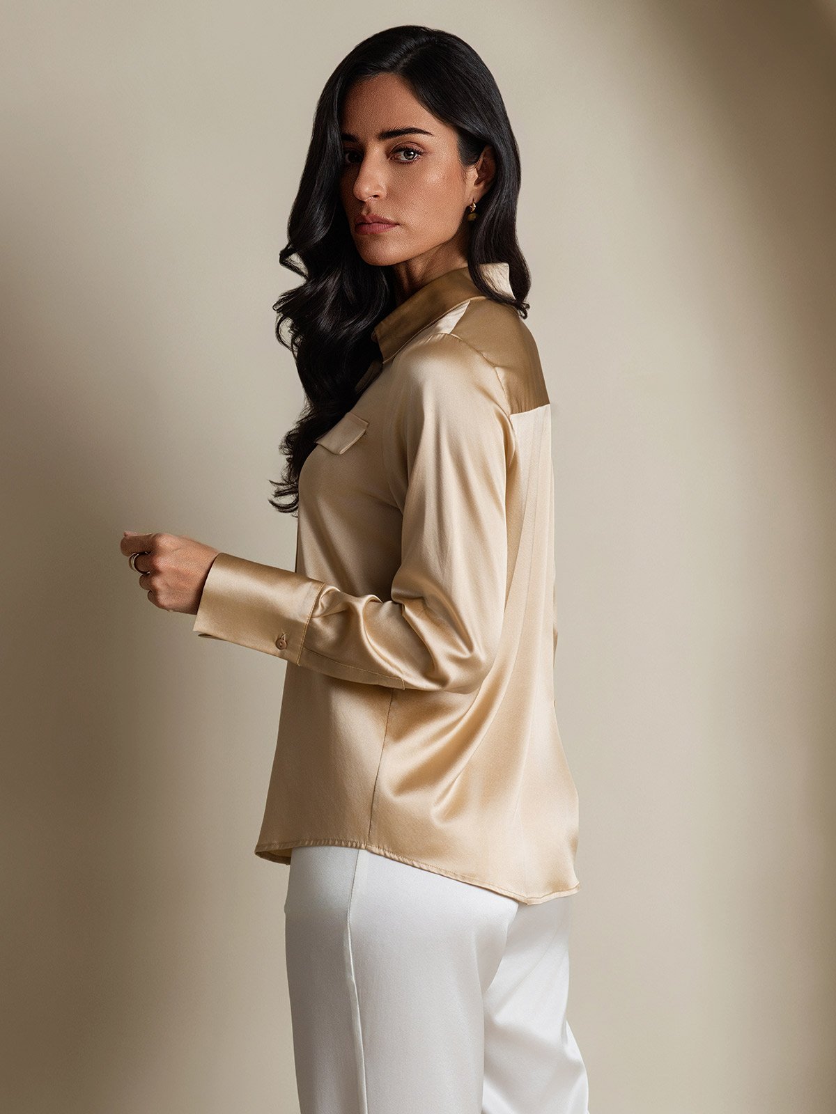 SilkSilky 19Momme Silk Long Sleeve Collar Women's Shirt Champagne 002