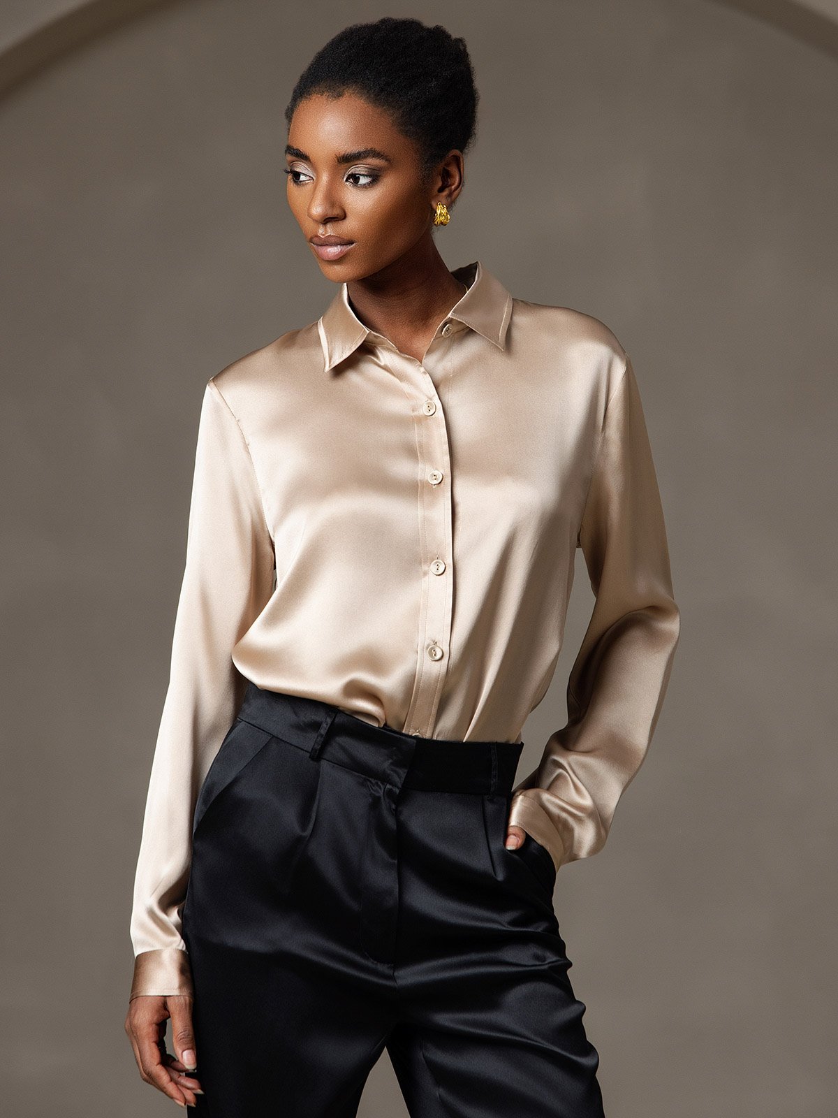 19Momme Silk Long Sleeve Lapel Collar Women