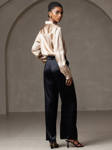 [Champagne] SilkSilky  19Momme Stretch Silk Charmeuse Long Sleeve Lapel Collar Women's Shirt 004