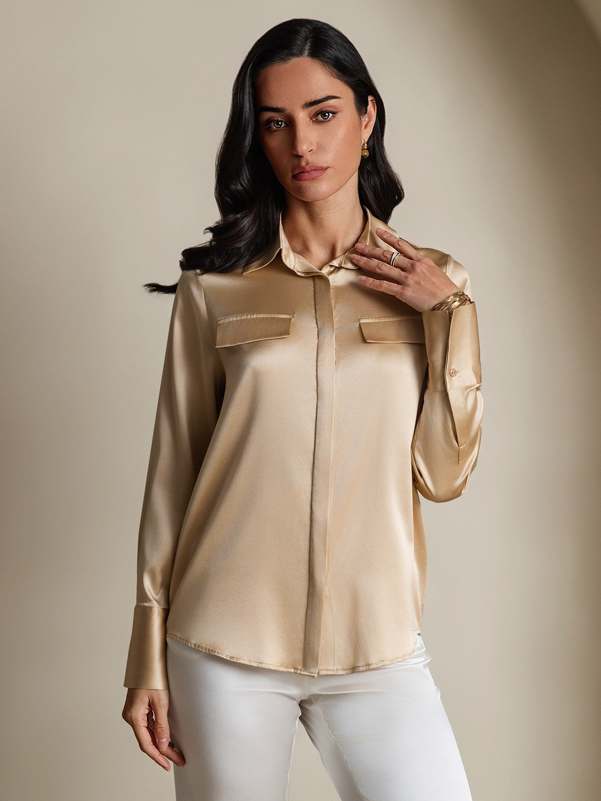 SilkSilky 19Momme Silk Long Sleeve Collar Women's Shirt Champagne 004