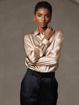 [Champagne] SilkSilky  19Momme Stretch Silk Charmeuse Long Sleeve Lapel Collar Women's Shirt 005