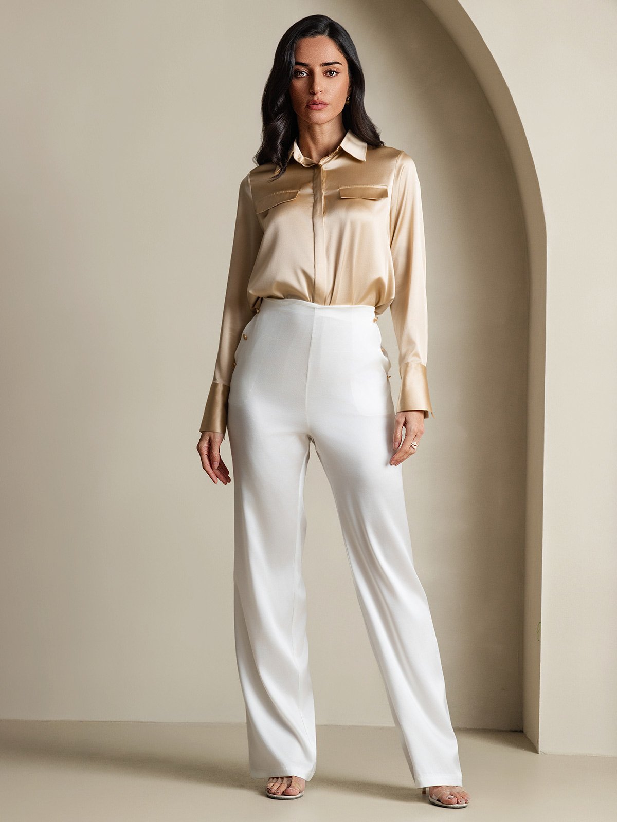 SilkSilky 19Momme Silk Long Sleeve Collar Women's Shirt Champagne 007