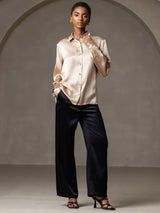 [Champagne] SilkSilky  19Momme Stretch Silk Charmeuse Long Sleeve Lapel Collar Women's Shirt 008