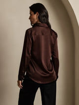 [Coffee] SilkSilky  19Momme Stretch Silk Charmeuse Long Sleeve Lapel Collar Women's Shirt 002