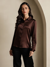 [Coffee] SilkSilky  19Momme Stretch Silk Charmeuse Long Sleeve Lapel Collar Women's Shirt 003