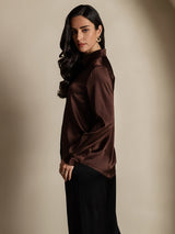 [Coffee] SilkSilky  19Momme Stretch Silk Charmeuse Long Sleeve Lapel Collar Women's Shirt 004