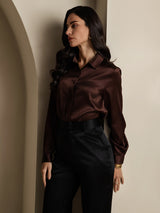 [Coffee] SilkSilky  19Momme Stretch Silk Charmeuse Long Sleeve Lapel Collar Women's Shirt 006