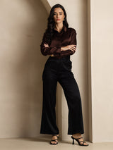 [Coffee] SilkSilky  19Momme Stretch Silk Charmeuse Long Sleeve Lapel Collar Women's Shirt 008