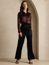 [Coffee] SilkSilky  19Momme Stretch Silk Charmeuse Long Sleeve Lapel Collar Women's Shirt 009