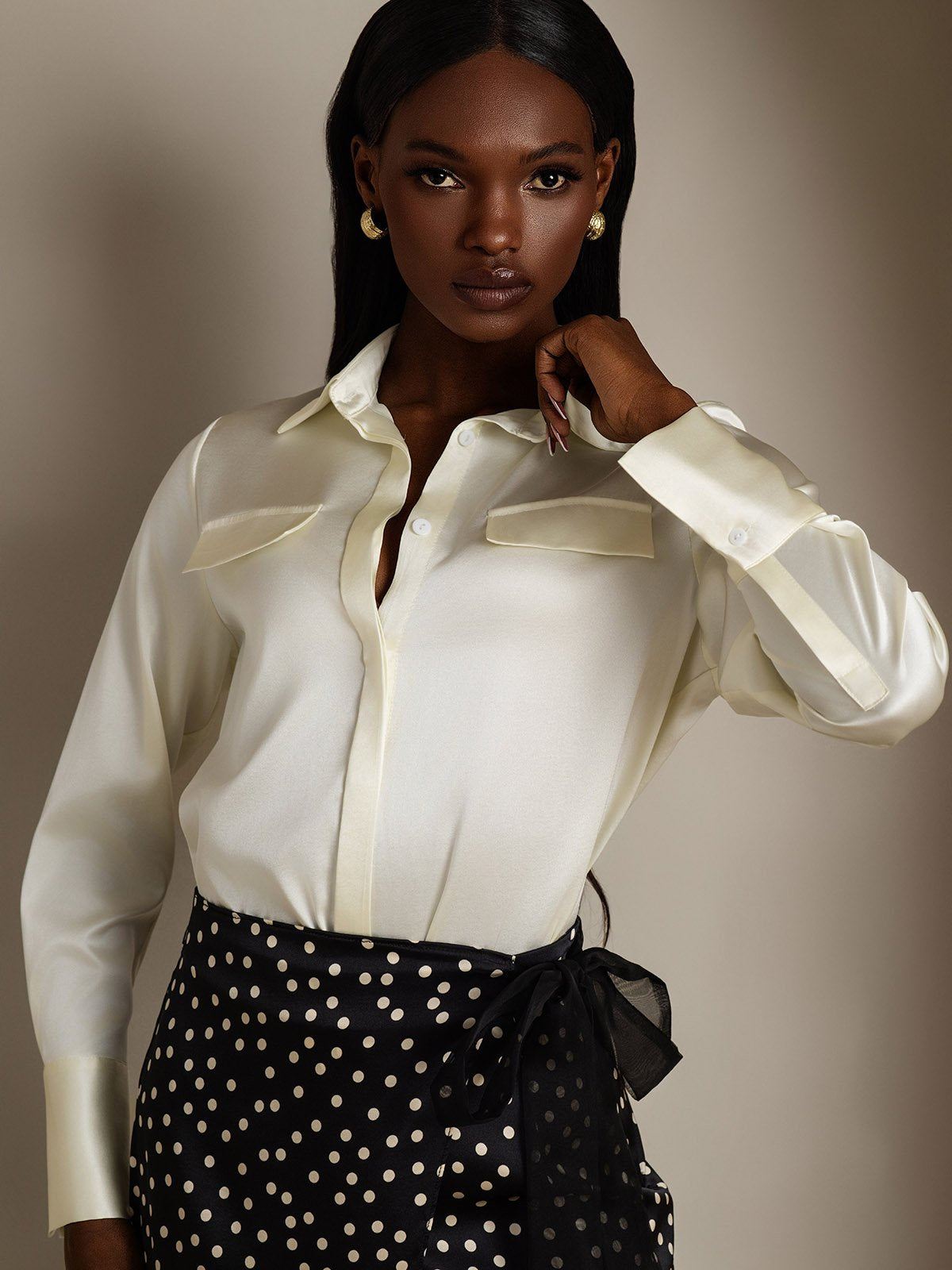 SilkSilky 19Momme Silk Long Sleeve Collar Women's Shirt Ivory 003