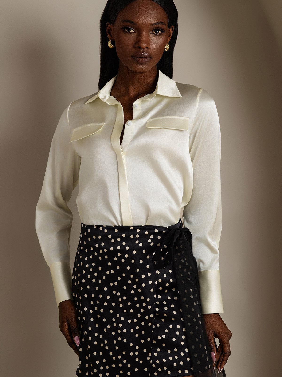 SilkSilky 19Momme Silk Long Sleeve Collar Women's Shirt Ivory 004